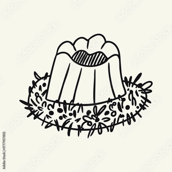 Obraz Hand drawn outline Christmas Bundt cake illustration isolated on white background. Sketch of dessert for Christmas table.