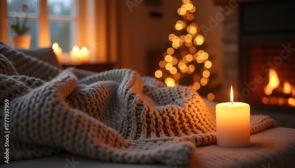Fototapeta Cozy winter evening scene with lit candle, fireplace, and Christmas tree lights