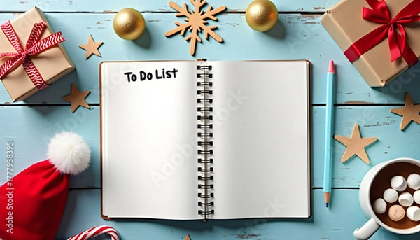 Obraz Christmas to-do list with gifts, decorations, and hot chocolate on a blue table