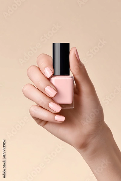 Fototapeta Female hand holding nude pink nail polish bottle