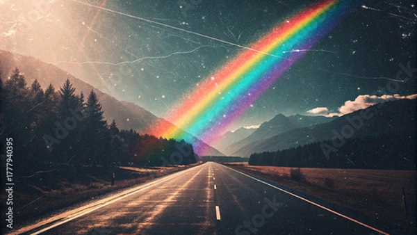 Obraz Vibrant rainbow arches over a scenic mountain highway at dusk, inspiring adventure and hope on a journey.