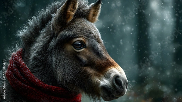 Obraz Unicorn Wearing a Red Scarf in a Snowy Winter Scene – Cozy Fantasy Illustration