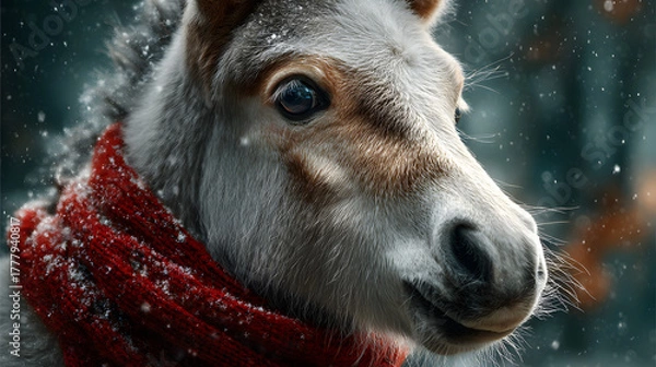 Obraz Unicorn Wearing a Red Scarf in a Snowy Winter Scene – Cozy Fantasy Illustration