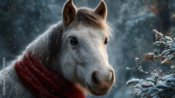 Obraz Unicorn Wearing a Red Scarf in a Snowy Winter Scene – Cozy Fantasy Illustration