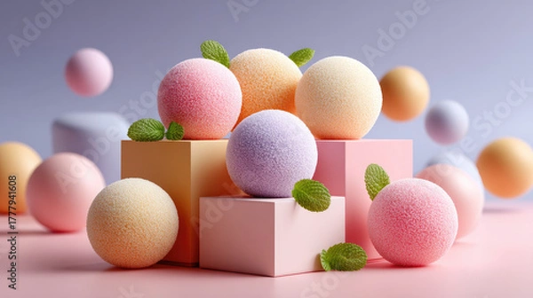 Fototapeta Assortment of pastel mochi pieces and other Japanese wagashi confectionery arranged on a brown surface, creating a minimalist dessert display dusted with powdered sugar and toppings