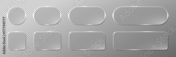 Fototapeta Transparent glass buttons and UI frames in liquid glassmorphism style. Modern 3D vector interface with frosted blur, glossy light and abstract geometric shapes for app or web design.