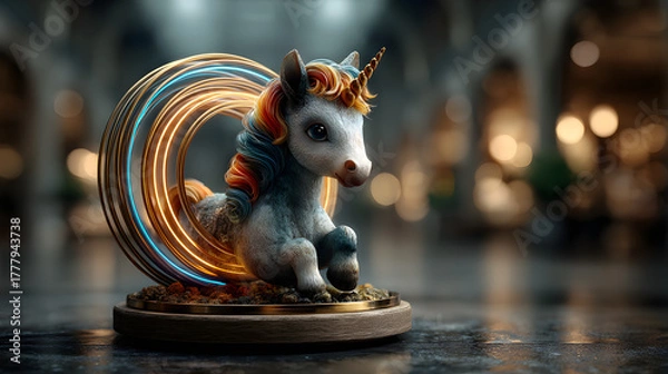 Obraz A colorful unicorn surrounded by glowing neon light rings, blending fantasy and modern style