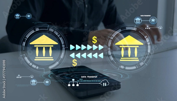 Obraz Secure bank transfers and financial transactions with data protection, encryption, and privacy for safe online and international payments.