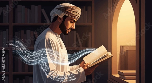 Fototapeta Man in Omani dress reads book with glowing script. Book background for presentations, social media.