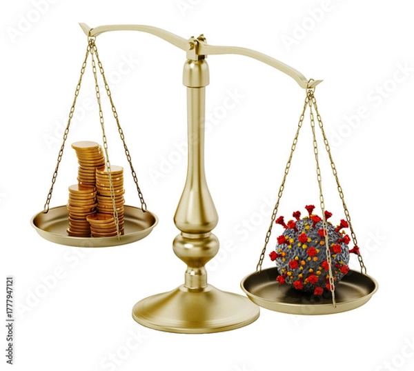 Fototapeta Coronavirus and gold coins standing on different sides of the balanced scale isolated on transparent background. 3D illustration