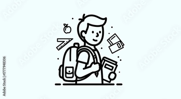 Obraz A line art illustration of a student with a backpack, books, and school supplies floating around.