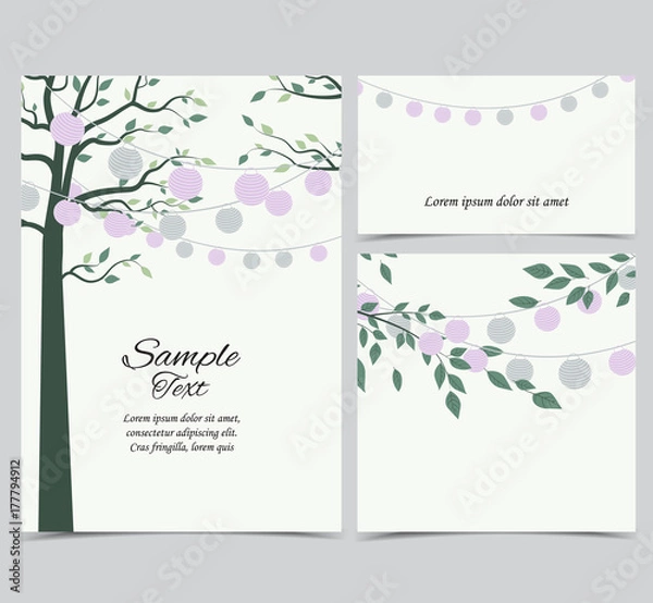 Fototapeta Vector illustration of trees with leaves and chain of lanterns. Invitation card, party celebration. Set of greeting cards