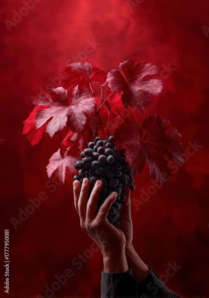 Fototapeta Wine Harvest Essence: A pair of hands tenderly cradles a plump bunch of grapes, complemented by vibrant red leaves, set against a rich, crimson backdrop, embodying the essence of the wine harvest.