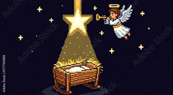 Obraz Pixel art 8-bit Star of Bethlehem shining down on an empty cradle without Jesus, with an angel above in the sky blowing a musical trumpet — creative Nativity art in retro video game style
