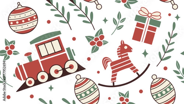 Obraz Christmas Pattern with Red Train, Gift Boxes, and Holiday Decorations