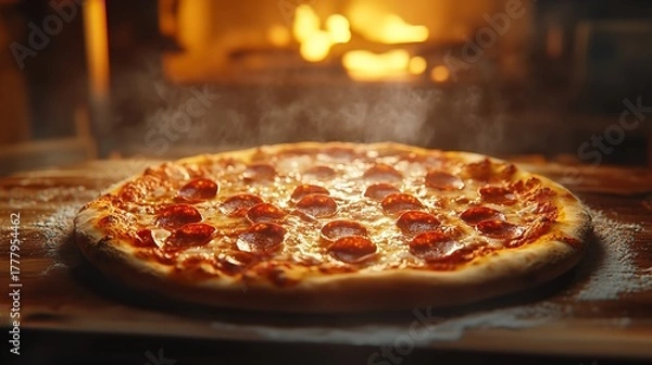 Fototapeta Delicious pepperoni pizza fresh out of the oven, with steam rising, ready to be served and enjoyed