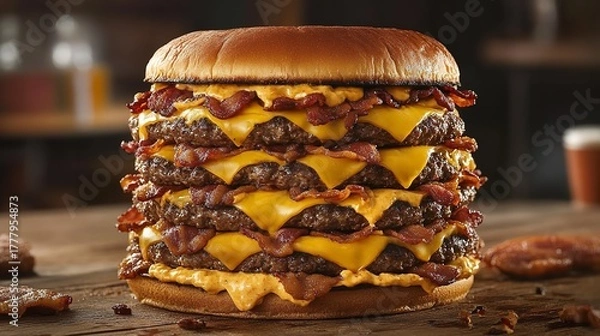 Obraz Closeup of a highcalorie bacon cheeseburger with multiple patties and melted cheese on a table