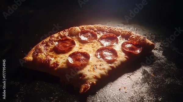 Fototapeta A slice of pepperoni pizza with melted cheese and crispy crust on a dark background