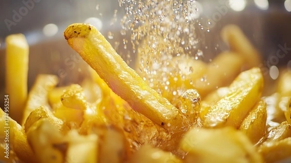 Fototapeta Closeup of golden french fries being seasoned with salt, creating a visually appealing and appetizing scene