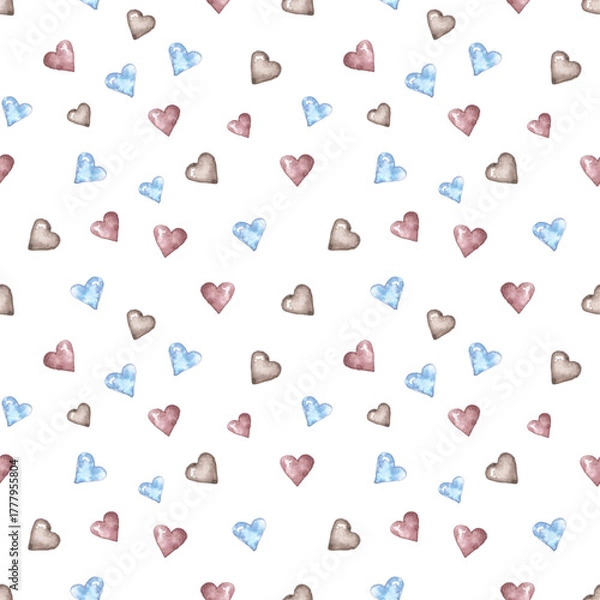 Fototapeta Hearts watercolor seamless pattern. Valentine's Day pattern. Digital paper. Love. Romance. Burgundy, brown, blue colors. For printing on wrapping paper, fabric, textiles, cards, stickers, invitations