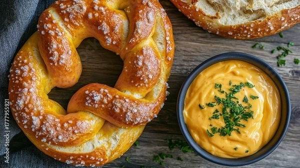 Fototapeta Overhead shot of a fresh pretzel with coarse salt and a bowl of cheese dip on a wooden table