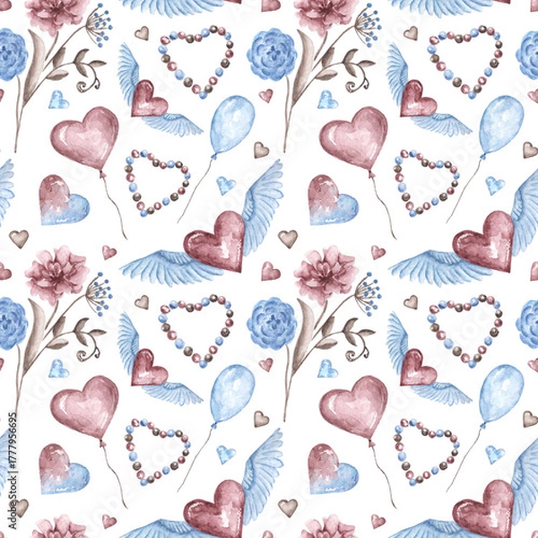 Fototapeta Valentine's Day watercolor seamless pattern. Love pattern. Digital paper. Hearts. Romance. Burgundy and blue colors. For printing on wrapping paper, fabric, textiles, cards, stickers, invitations
