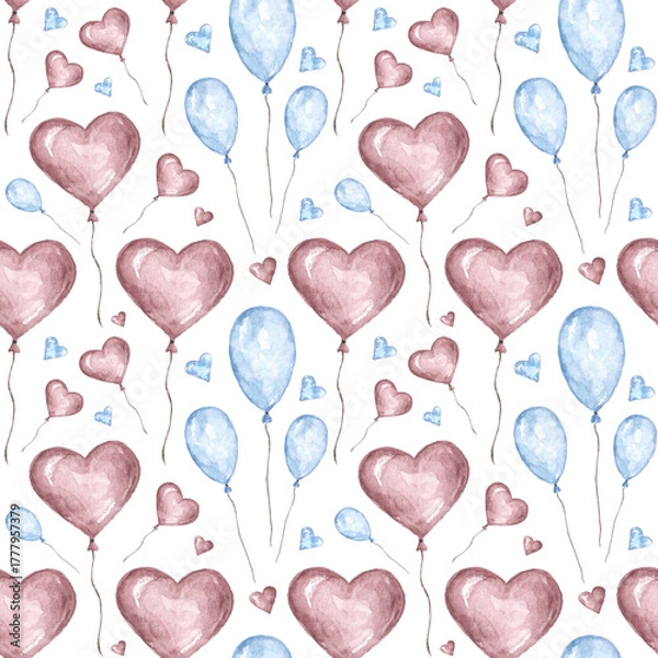 Fototapeta Holiday watercolor seamless pattern. Valentine's Day pattern. Digital paper. Love. Hearts. Romance. Birthday. Burgundy, blue colors. For printing on wrapping paper, fabric, textiles, cards, stickers