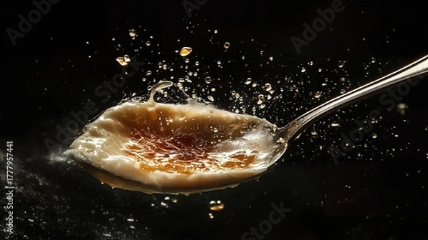 Obraz Spoonful of crme brle with sugar crystals flying off, against a dark black background