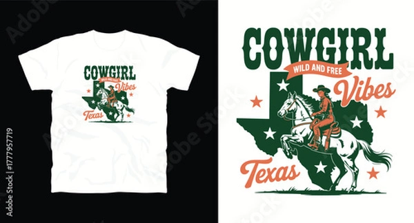 Fototapeta Cowgirl wild and free vibes in texas vector design for t shirt print featuring horse rider silhouette on state map apparel mockup in western country style and vintage