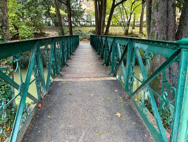 Fototapeta Old-fashioned wooden and iron pedestrian bridge with decorative railings over river in park, autumn scenery small town landscape, peaceful relaxing calm natural atmosphere with autumn leaves on path
