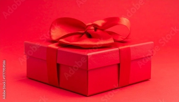 Obraz Una caja de regalos cuadrada de color rojo vibrante y saturado, con una textura mate y elegante. La caja está cerrada y envuelta con una cinta de tela del mismo color rojo,