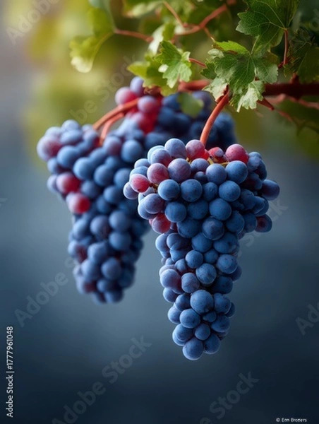 Fototapeta A close-up showcases a cluster of ripe, succulent grapes, their deep hues contrasting against the delicate green leaves