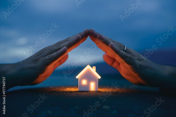 Obraz Home Insurance and Security: Hands Forming a Roof Over Glowing Miniature House