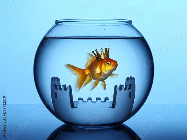 Fototapeta Goldfish King Concept: Fish Wearing a Crown in a Castle Fishbowl