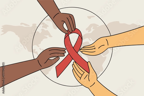 Obraz Hands Uniting for HIV Awareness with Red Ribbon - Global Solidarity