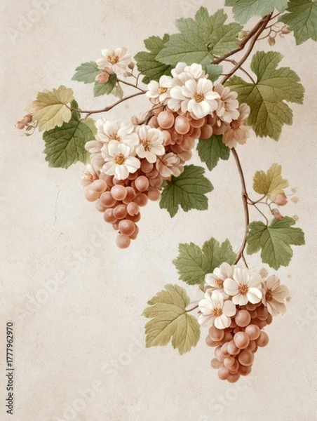 Fototapeta Grapevine's Delicate Elegance: A close-up view unveils the intricate beauty of a grapevine, showcasing clusters of ripe grapes alongside delicate blossoms and lush foliage. The scene exudes freshness.
