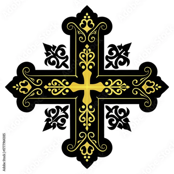 Fototapeta Elegant armenian cross ornate filigree gold black symmetry motif decorative transparent background