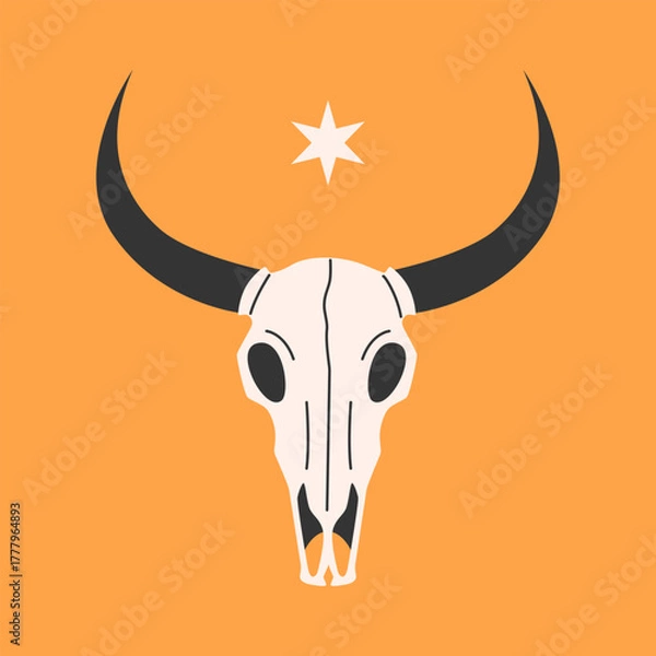 Obraz Cow skull. Cowboy western and wild west theme concept. Hand drawn vector illustration. Buffalo skull on yellow background.