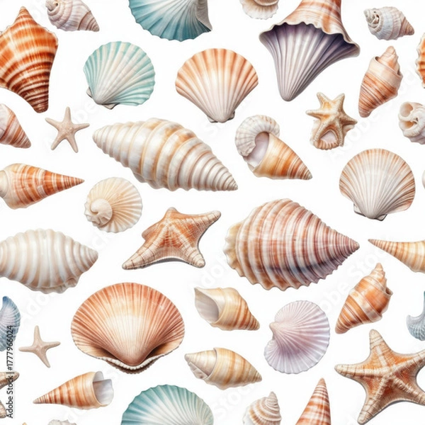 Fototapeta Assorted Shells and Starfish on White Background for Beach Theme