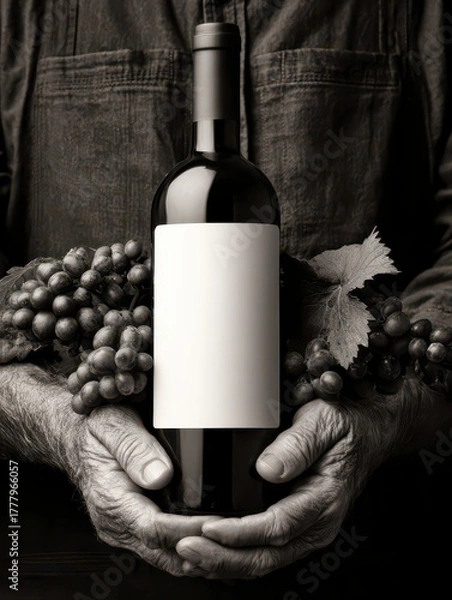 Fototapeta Rustic Elegance: A timeless grayscale composition showcases a bottle of rich, deep red wine held tenderly by weathered hands, accompanied by a cluster of ripe grapes.