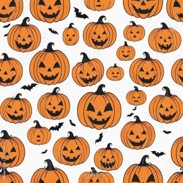 Fototapeta Halloween Pumpkin Pattern with Smiling Faces and Flying Bats
