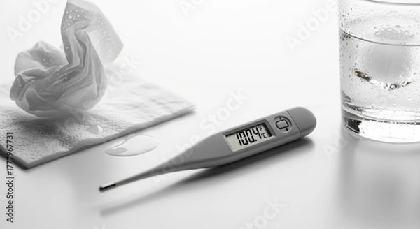 Fototapeta Digital thermometer showing mild fever with tissue and glass of water  