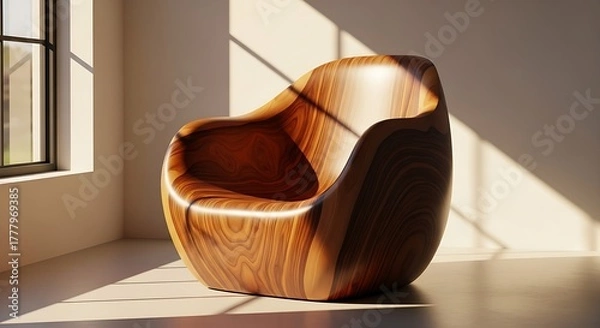 Obraz A unique, organically shaped wooden armchair bathed in warm sunlight near a window