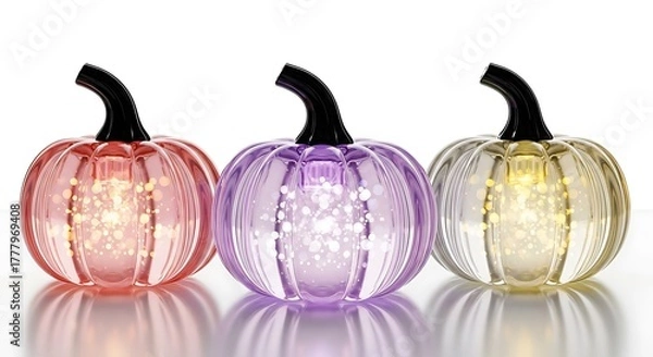 Obraz Three decorative glass pumpkins in pink, purple, and clear, illuminated with fairy lights