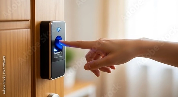 Obraz Finger pressing a biometric fingerprint scanner on a wooden door for access