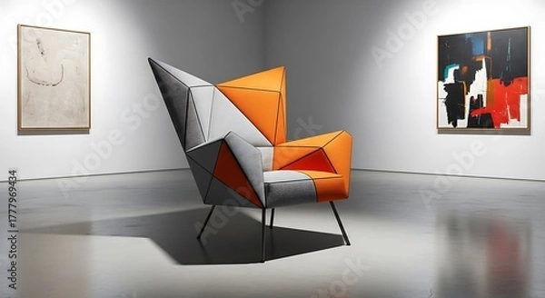 Obraz Modern abstract armchair displayed in a minimalist art gallery with paintings