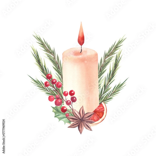 Obraz Watercolor illustration of a winter candle decorated with fir branches, red berries, dried orange slice and star anise. Isolated element on a white background. For Christmas cards, invitations.