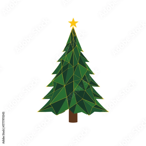 Fototapeta Polygonal Christmas tree with star on black background for festive decoration concept
