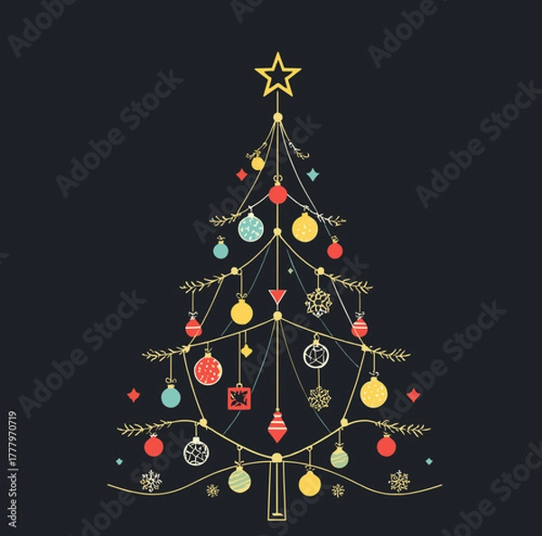 Fototapeta Minimalist Christmas tree with decorations on dark background for holiday preparation concept