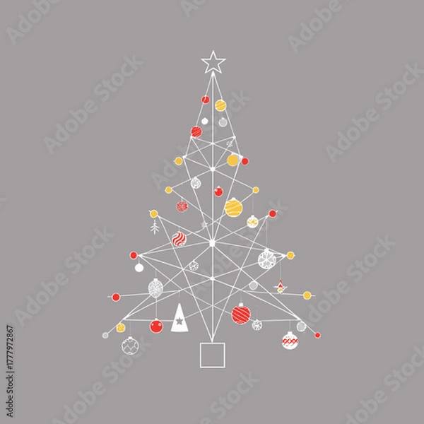 Fototapeta Thread art Christmas tree with decorations on gray background for DIY decoration concept
